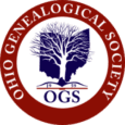 Logo of the Ohio Genealogical Society featuring a tree over an outline of Ohio, with "OGS" and "1959" at the bottom, surrounded by a red circular border with the organization’s name.