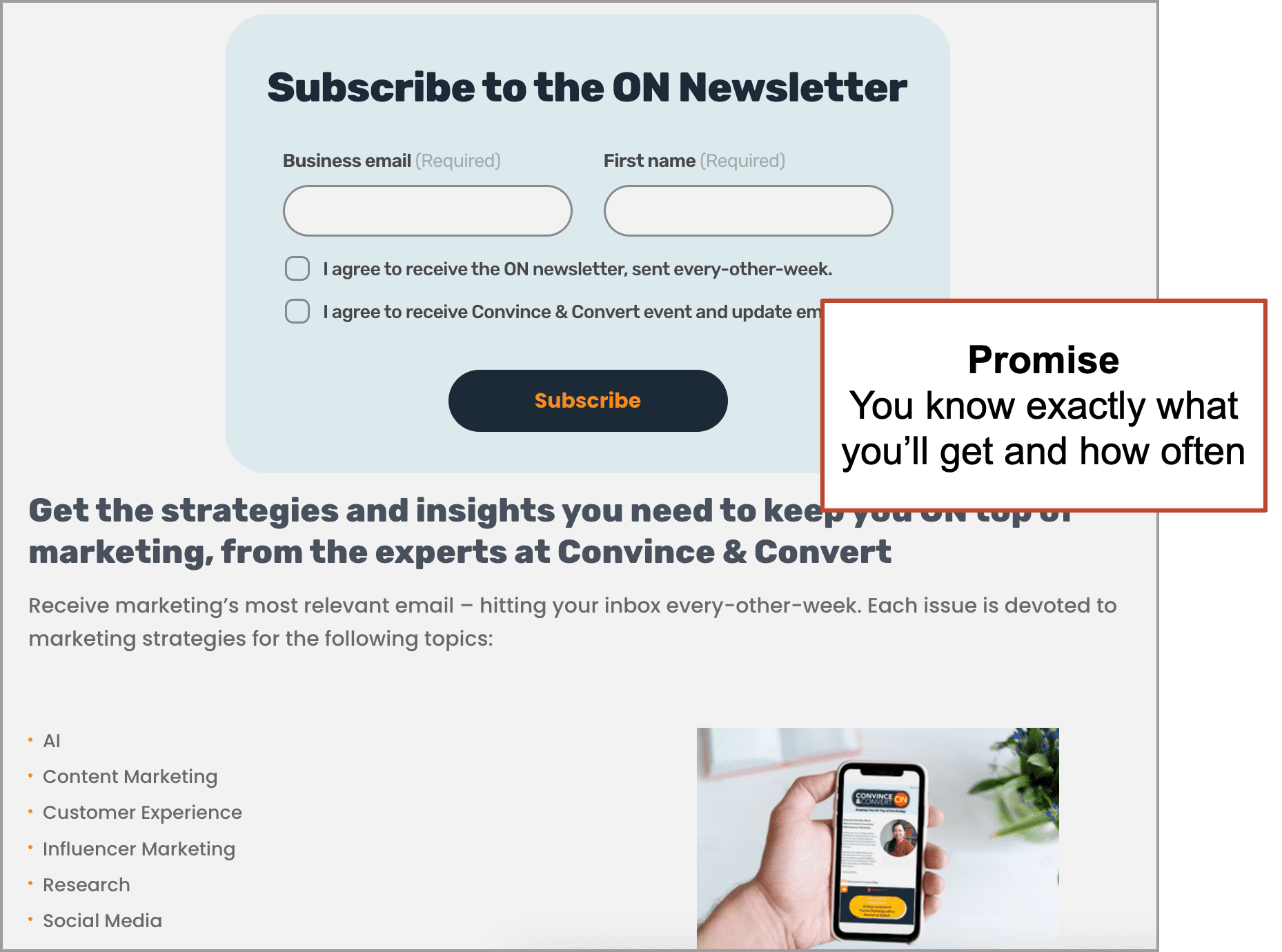 A newsletter signup form with fields for business email and name, checkboxes for update preferences, and a section listing marketing topics and showing a person holding a phone.