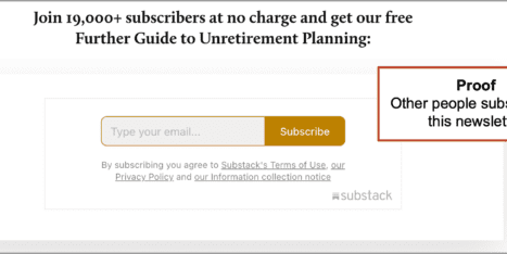 A newsletter sign-up form offers a free guide on unretirement planning, stating over 19,000 subscribers and displaying a highlighted box labeled "Proof.