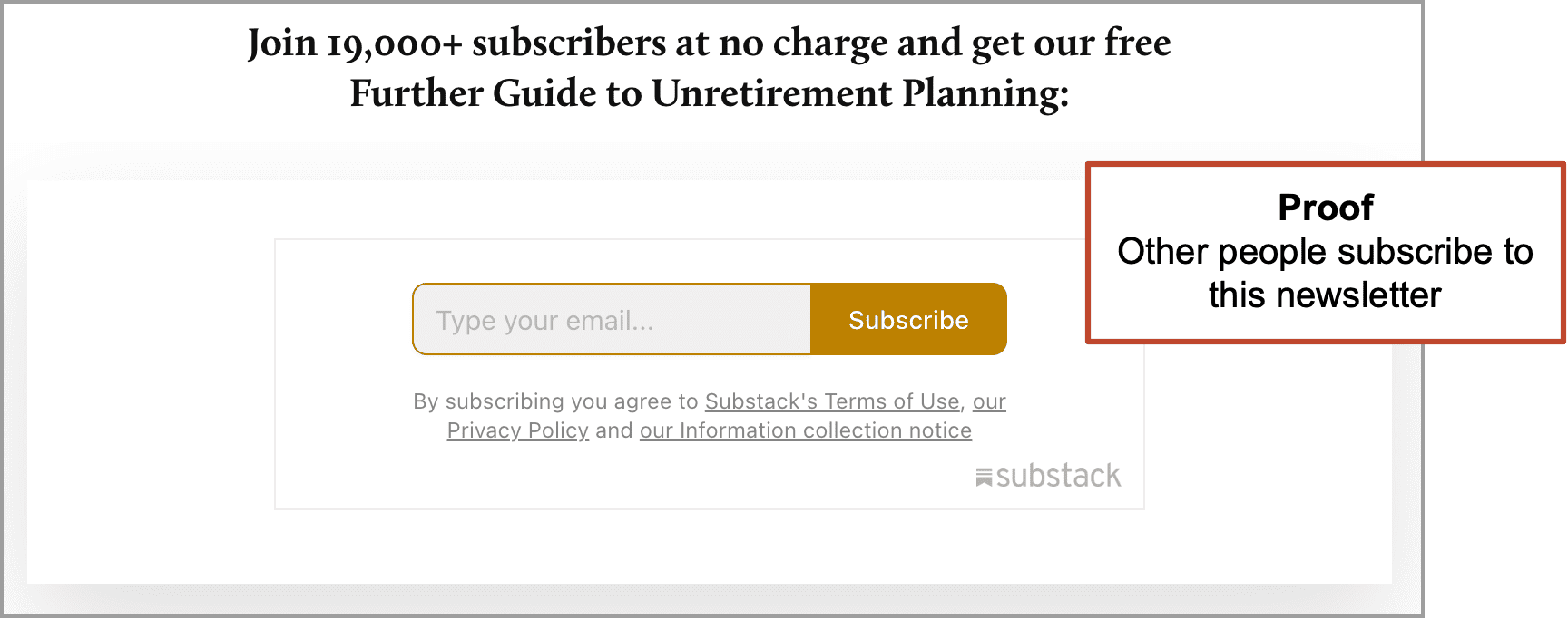 A newsletter sign-up form offers a free guide on unretirement planning, stating over 19,000 subscribers and displaying a highlighted box labeled "Proof.