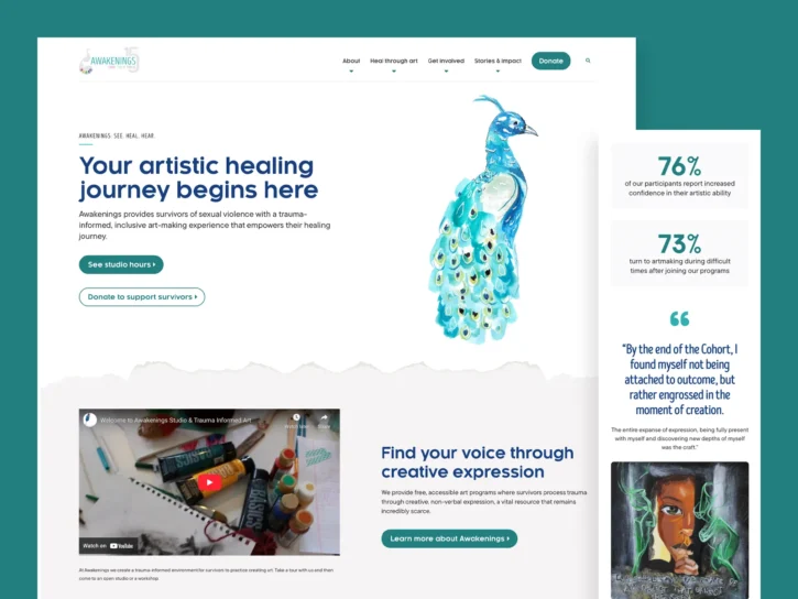 Screenshot of a website homepage for Awakening, featuring a peacock illustration, information about artistic healing, studio hours, support options, and statistics on participant outcomes.