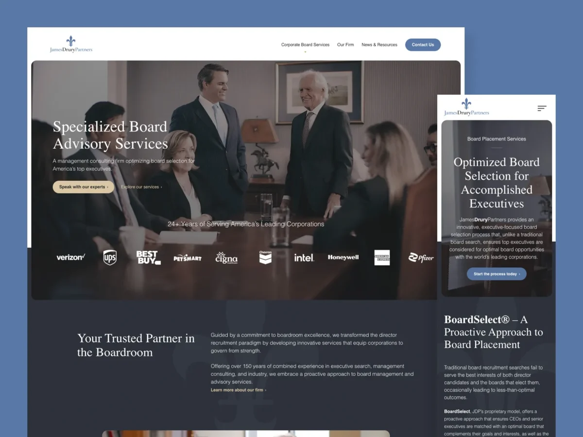 A business meeting with professionally dressed individuals seated around a conference table, discussing board advisory services in a modern office setting.