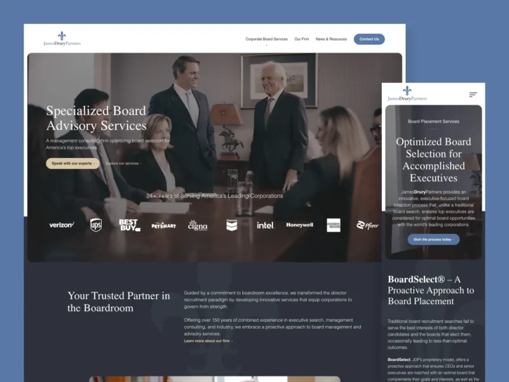 A business meeting with professionally dressed individuals seated around a conference table, discussing board advisory services in a modern office setting.