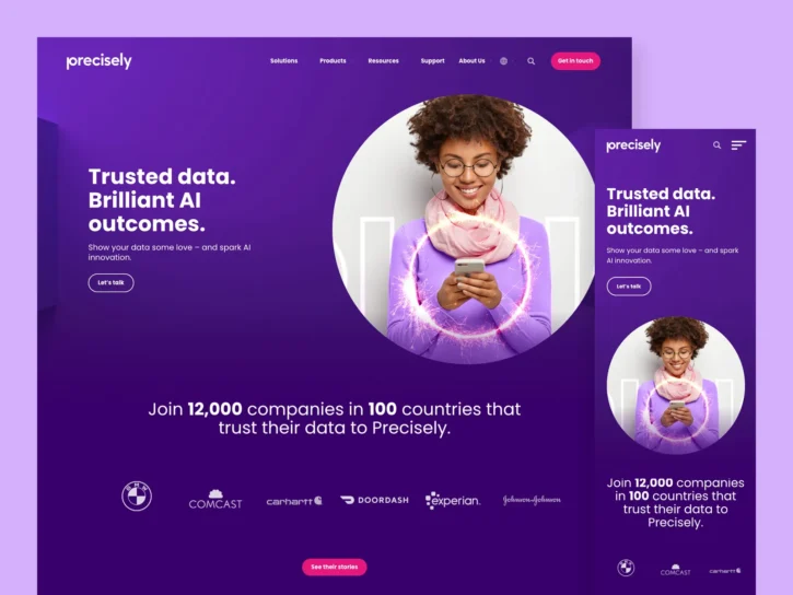 A woman with curly hair and glasses looks down and smiles while holding a phone; the website promotes AI data solutions by Precisely with logos of partner companies at the bottom.