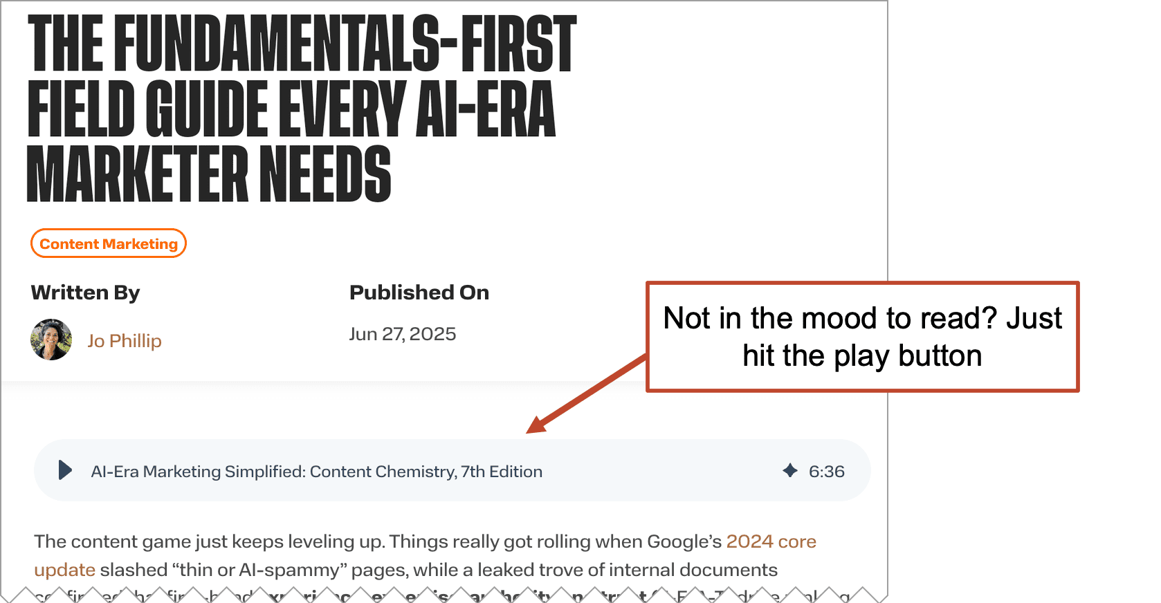 A webpage titled "The Fundamentals-First Field Guide Every AI-Era Marketer Needs" with a podcast player and a note saying, "Not in the mood to read? Just hit the play button.
