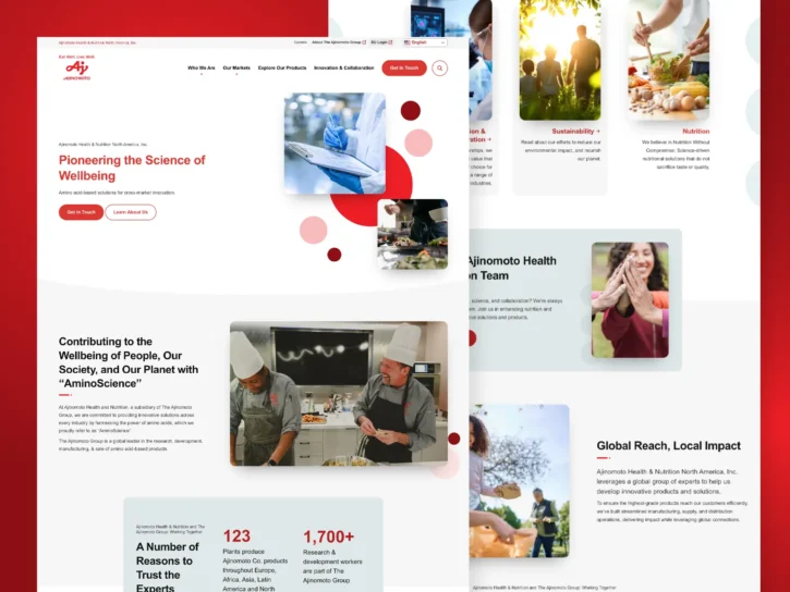 Collage of website pages featuring images of scientists, chefs, healthy food, and people, with text about wellbeing, sustainability, and global nutrition initiatives.