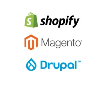Logos and names of three e-commerce platforms: Shopify, Magento, and Drupal, displayed vertically on a white background.