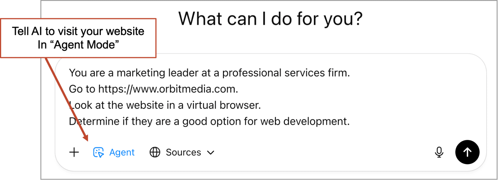 Screenshot showing instructions for using AI in "Agent Mode" to visit a website, with an arrow pointing to the "Agent" button and text detailing steps for evaluation.