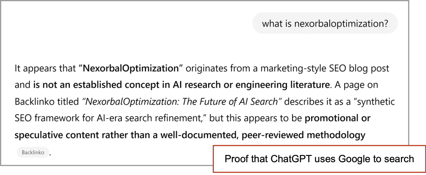 A screenshot showing a definition of "nexorbaloptimization" in a chat interface, with a highlighted note stating, "Proof that ChatGPT uses Google to search.