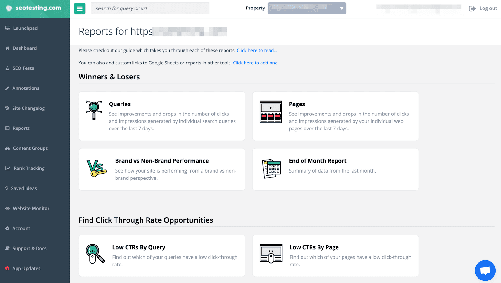 Dashboard view of an SEO tool displaying reports for a website, including sections on queries, pages, brand performance, monthly summary, and click-through rate opportunities.
