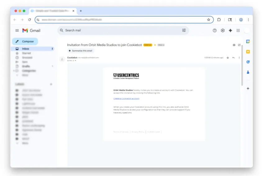 A Gmail inbox displays an email from Cookielbot titled "Invitation from Oribi Media Studios to join Cookiebot," with the email content visible in the reading pane.