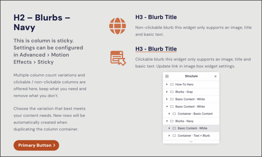 A webpage section titled "Blurbs – Navy" shows sticky column settings, two blurb examples with icons and titles, and a screenshot of a menu structure. A "Primary Button" is at the bottom left.