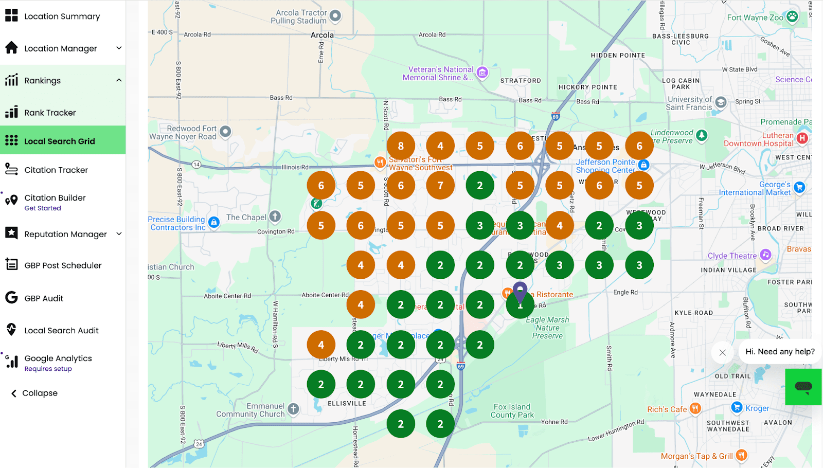 A digital map displays numbered green and orange circles on grid points, with a sidebar menu on the left and subdivisions, parks, and roads labeled on the right.