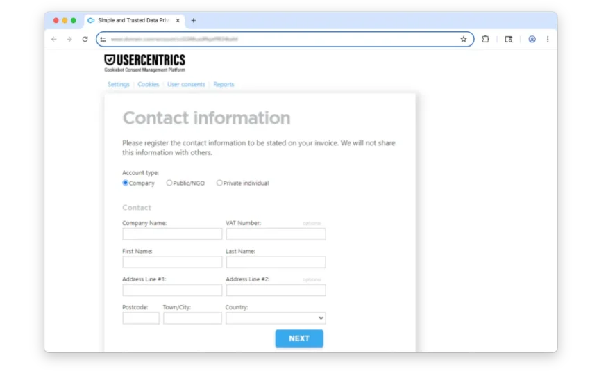 A web form titled "Contact information" from Usercentrics asks for account type, company or individual details, and address fields, with a blue "NEXT" button at the bottom.