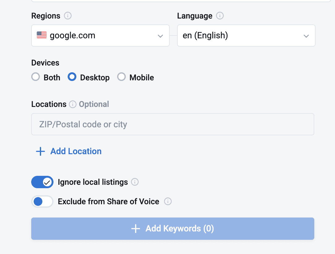 Screenshot of a settings interface with options for region, language, device type, location, and toggles for ignoring local listings and excluding from share of voice.