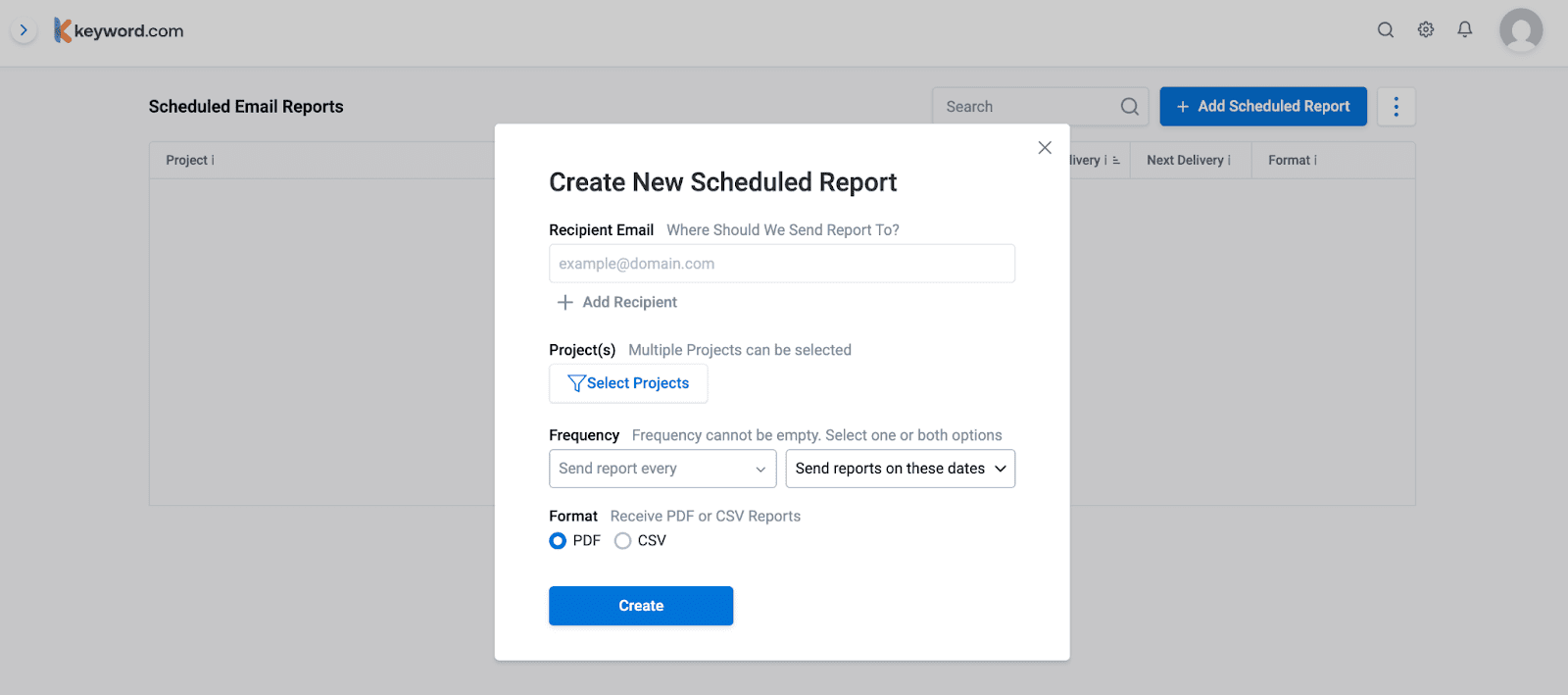A pop-up window displays options for creating a new scheduled report, including recipient email, project selection, frequency, and report format.