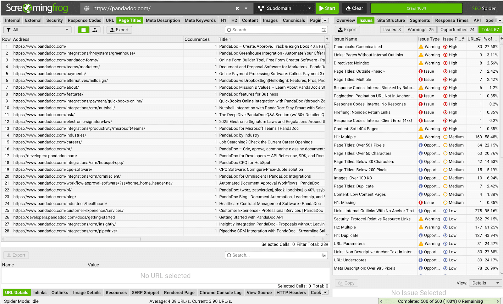 Screenshot of a Screaming Frog SEO Spider interface showing crawled website URLs, metadata, and SEO analysis details in tabular and sidebar formats.