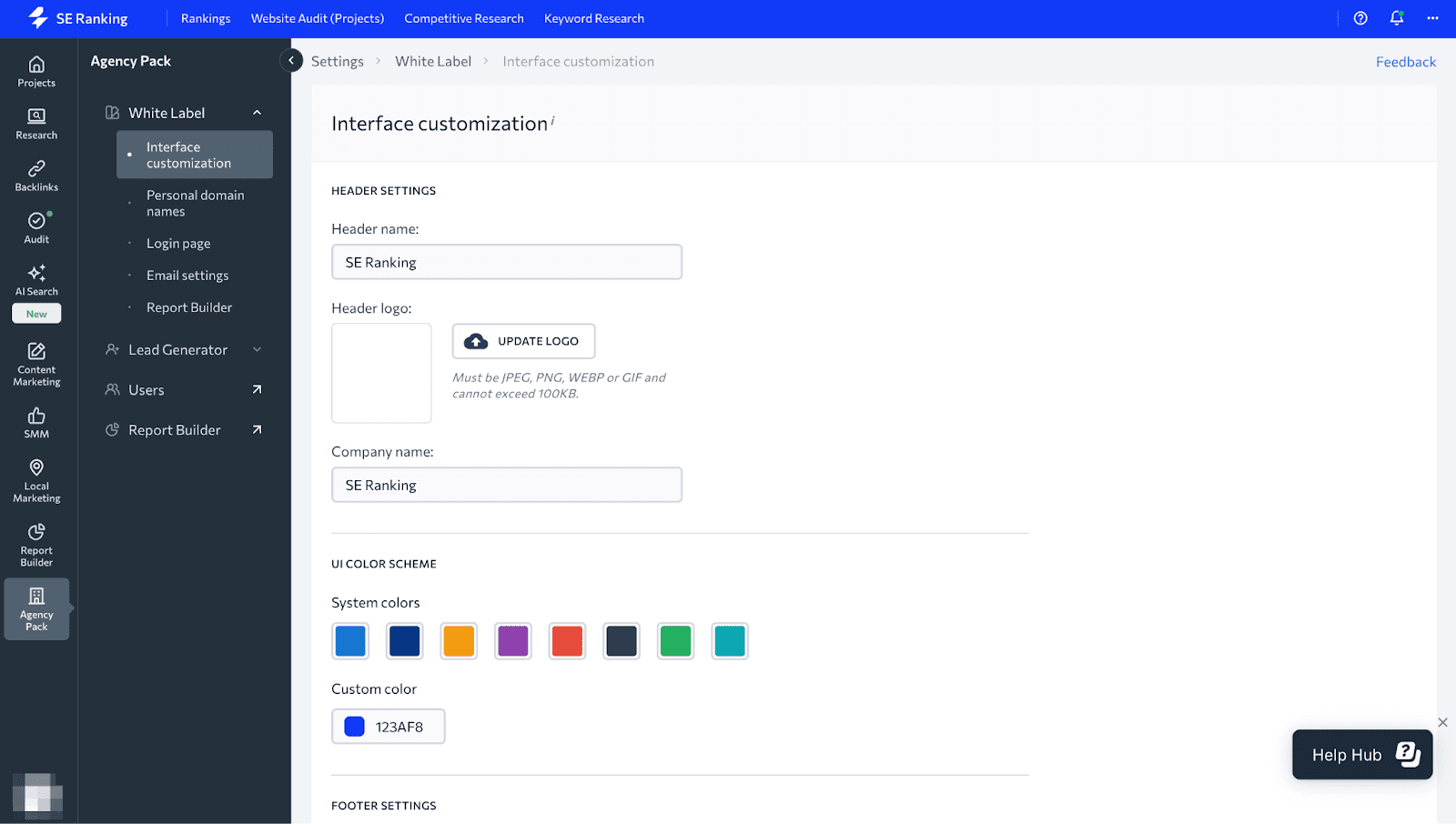 A web interface for customizing settings, including header name, logo upload, company name, and selecting system or custom colors.