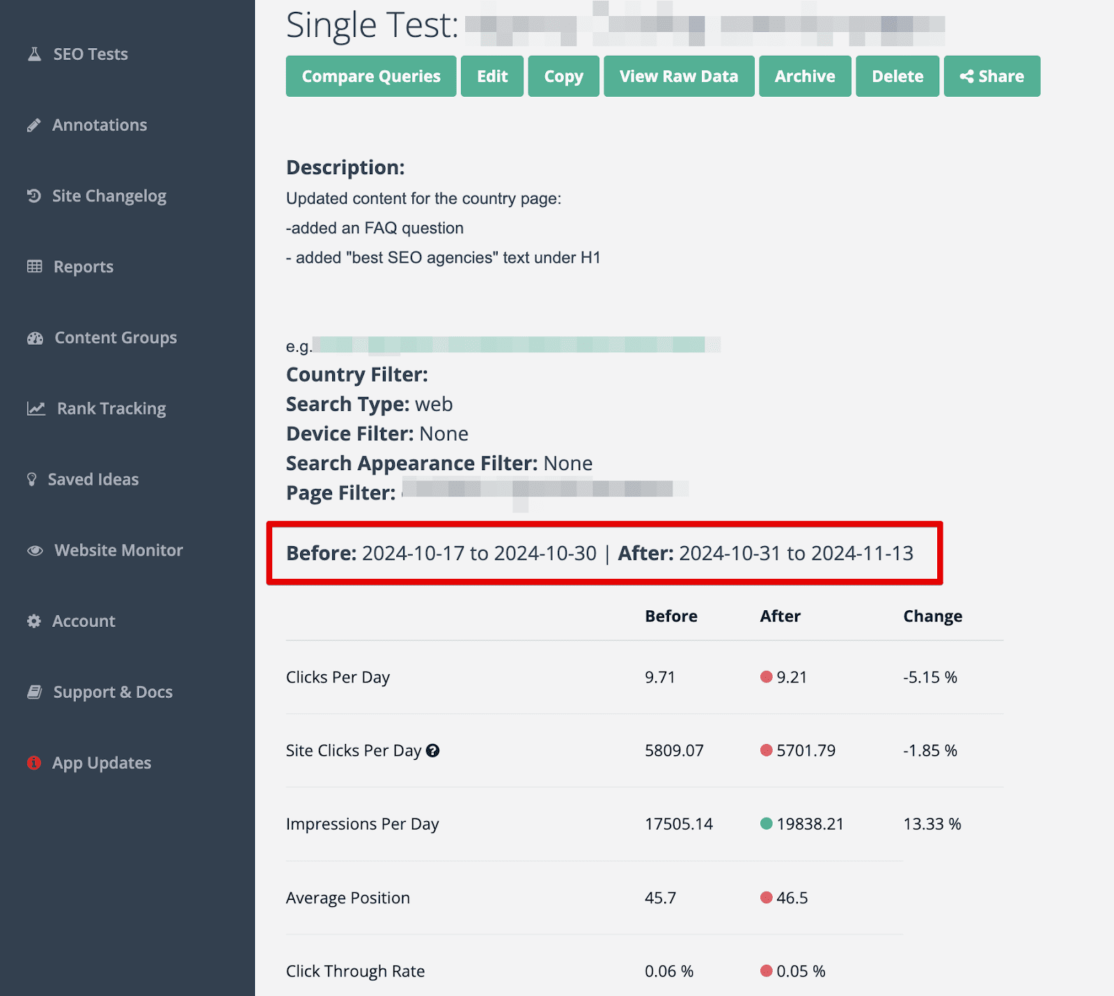 A website analytics dashboard shows a comparison of site clicks and keyword data from before (2024-10-17 to 2024-10-30) and after (2024-10-31 to 2024-11-13) a change.
