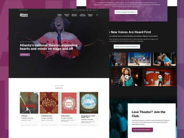 Screenshot of a theater website homepage featuring a singer, show information, event listings, images from performances, and prompts to learn about programs or join a theater club.