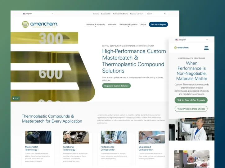 Americhem website displayed on desktop and mobile screens, featuring information about custom plastic compounds and masterbatch solutions with section links and a "Talk to an Expert" call-to-action button.