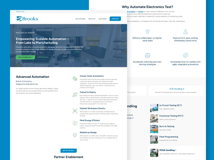 A website page for Brooks showcasing automation solutions for manufacturing, featuring sections on advanced automation, benefits, and PCB handling services.