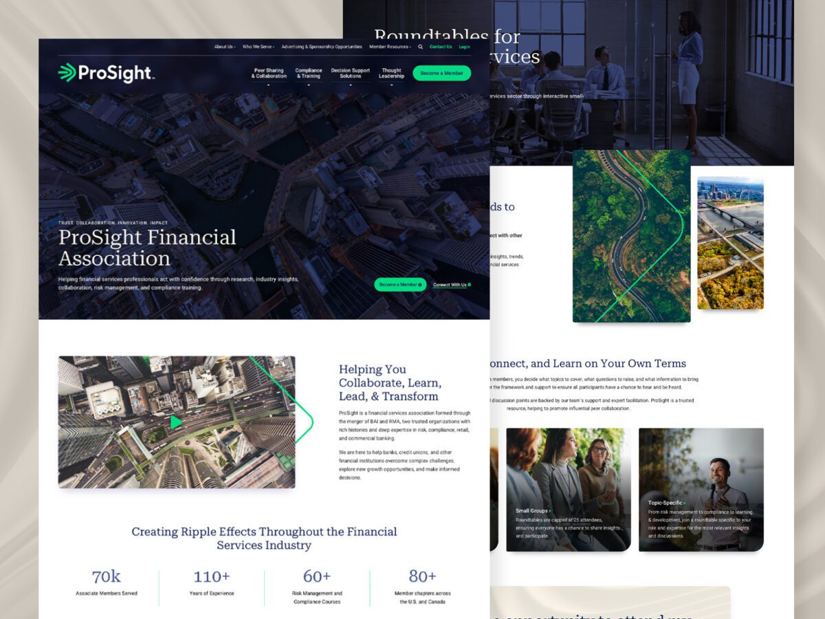 Screenshot of a financial association website homepage featuring aerial city images, content sections on services, and company statistics in a modern layout.