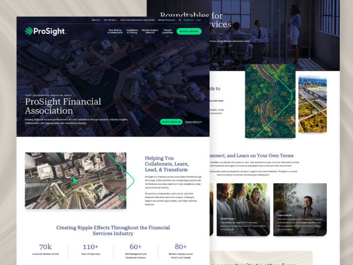 Screenshot of a financial association website homepage featuring aerial city images, content sections on services, and company statistics in a modern layout.