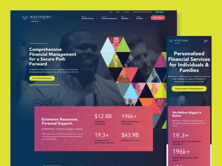 A website homepage and mobile view for Westpoint Financial, featuring financial statistics, a smiling man, geometric patterns, and navigation menus on a yellow and blue background.