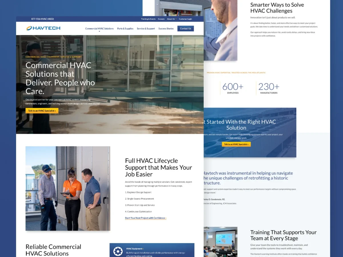 Screenshot of a commercial HVAC company's website homepage featuring service information, statistics, team photos, and navigation menus.