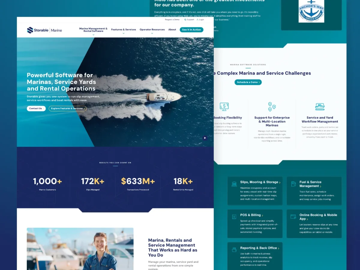 A website homepage for a marina and rental operations software, featuring a top-down photo of a speedboat and sections detailing features, benefits, and statistics.