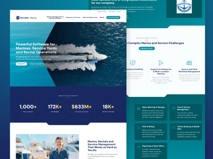 A website homepage for a marina and rental operations software, featuring a top-down photo of a speedboat and sections detailing features, benefits, and statistics.