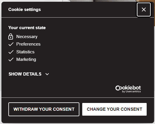 An example of a Cookiebot banner where a user can change their consent