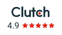 Clutch logo above a 4.9 rating and five red stars.