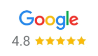 The Google logo above a 4.8 rating with five gold stars, indicating a high customer review score.