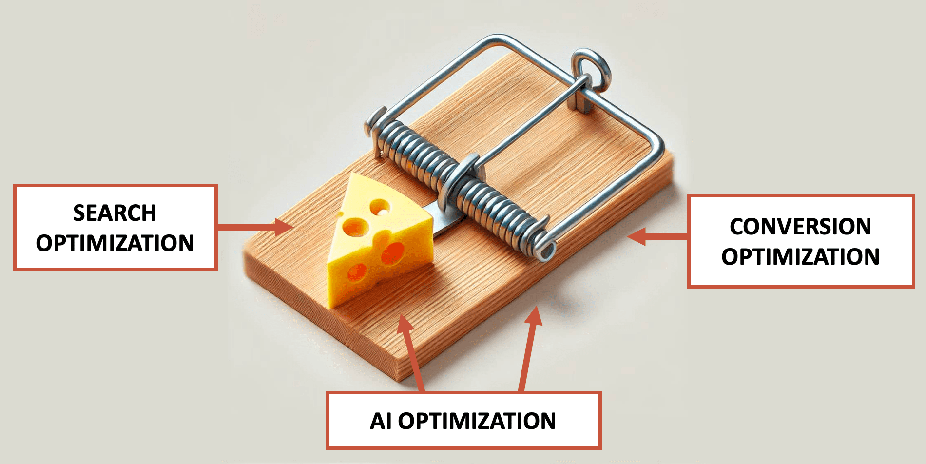 A mousetrap with a wedge of cheese labeled "AI Optimization," "Search Optimization," and "Conversion Optimization" with arrows pointing to different parts of the trap.