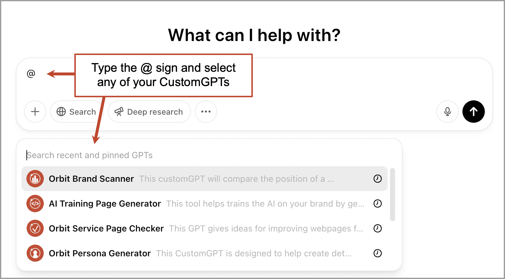 Screenshot showing instructions to type the @ sign and select a CustomGPT, with a dropdown list of CustomGPTs including Orbit Brand Scanner, AI Training Page Checker, Service Page Checker, and Persona Generator.