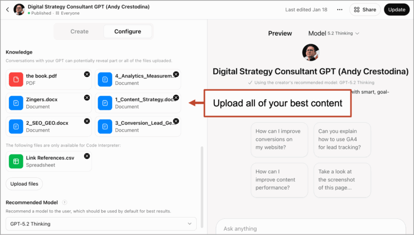A user interface shows files being uploaded on the left and a chatbot window on the right with a prompt: "Upload all of your best content.