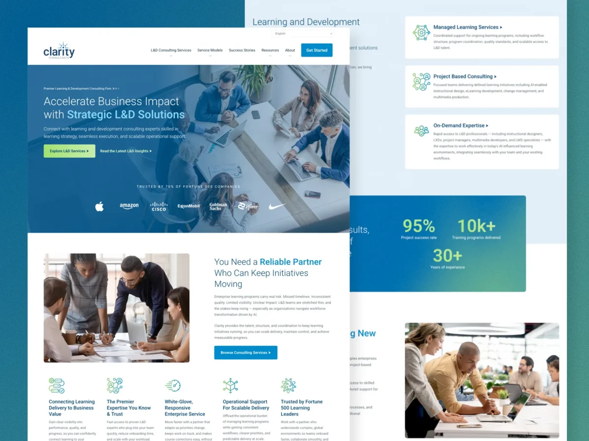 Screenshot of a corporate website for Clarity, showcasing learning and development consulting services with business professionals meeting and service highlights listed.