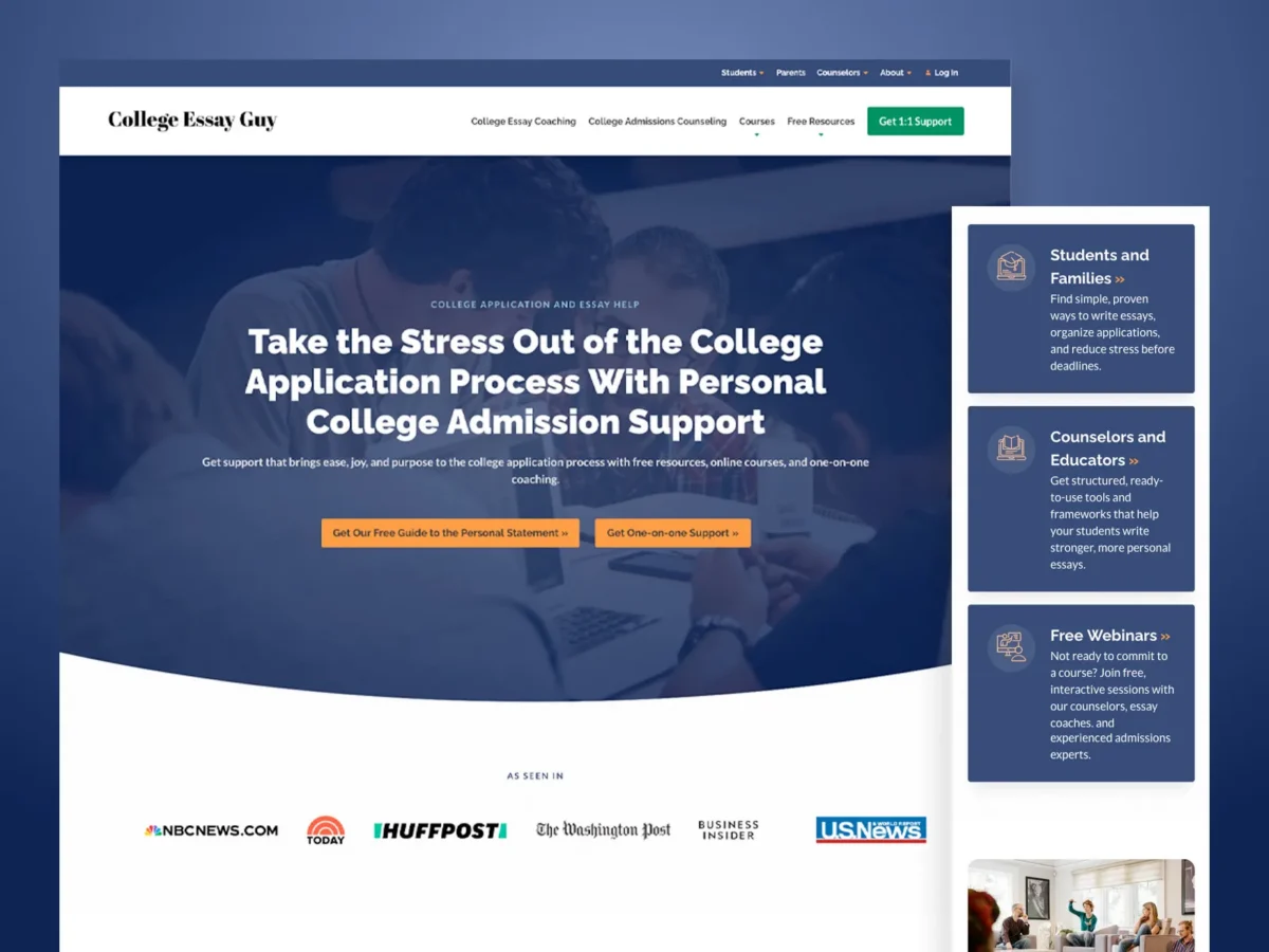 Screenshot of College Essay Guy's website homepage displaying admission support services, navigation menu, call-to-action buttons, testimonials, and media mentions.