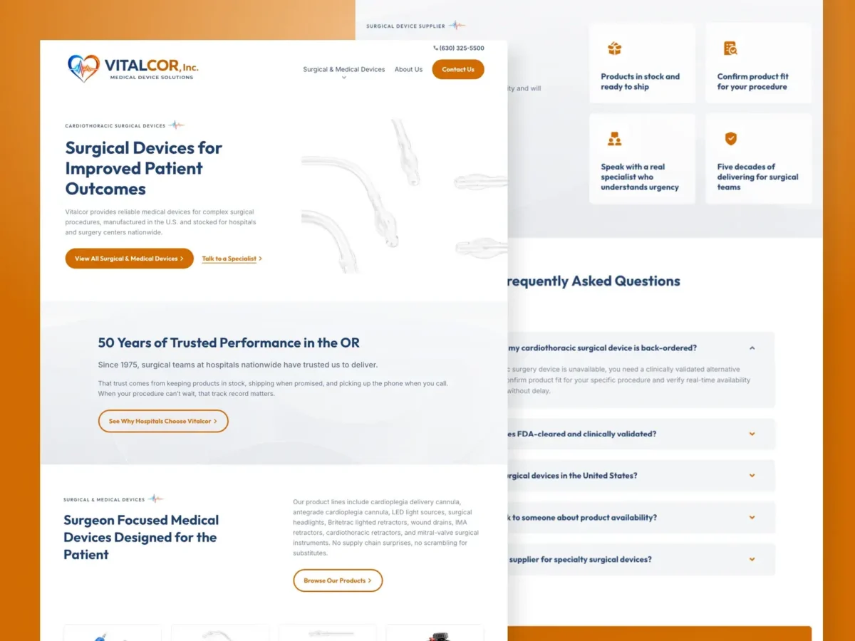 Screenshot of a medical device company's website homepage featuring surgical device information, company history, FAQs, and call-to-action buttons in a white and orange color scheme.