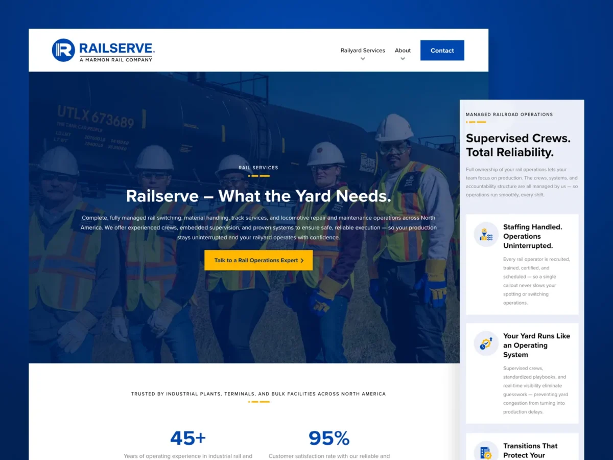 Screenshot of the Railserve website homepage showing workers in safety gear, a train, navigation menu, and sections highlighting services and operational statistics.