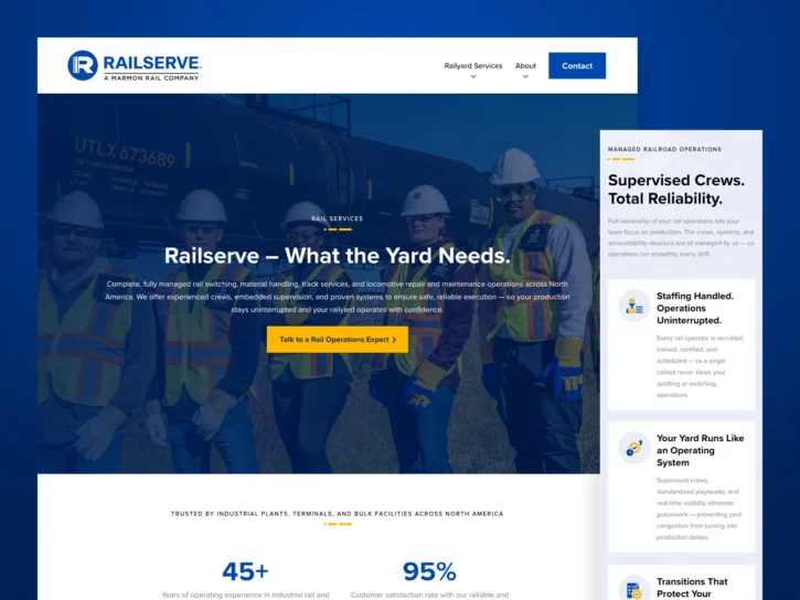Screenshot of the Railserve website homepage showing workers in safety gear, a train, navigation menu, and sections highlighting services and operational statistics.