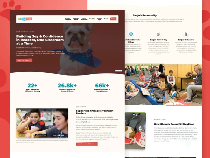 Screenshot of a website featuring a dog-themed reading program, statistics, a video, images of children reading with dogs, and text about the program’s impact and a featured dog named Banjo.