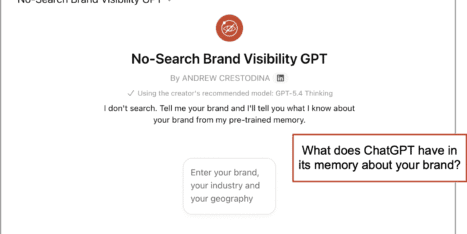 Screenshot of a No-Search Brand Visibility GPT interface prompting users to enter their brand, industry, and geography to receive information from pre-trained memory.