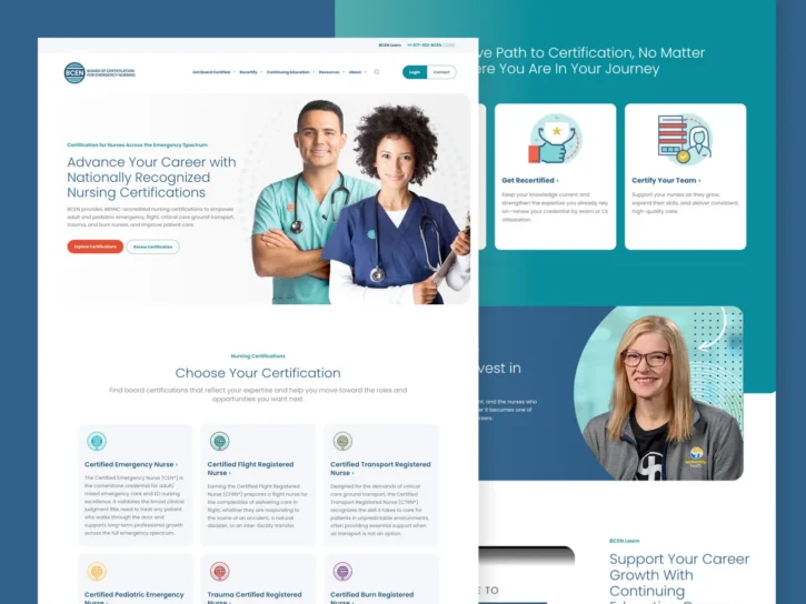Screenshot of a nursing certification website showing two healthcare professionals, certification options, and informational sections for advancing nursing careers.
