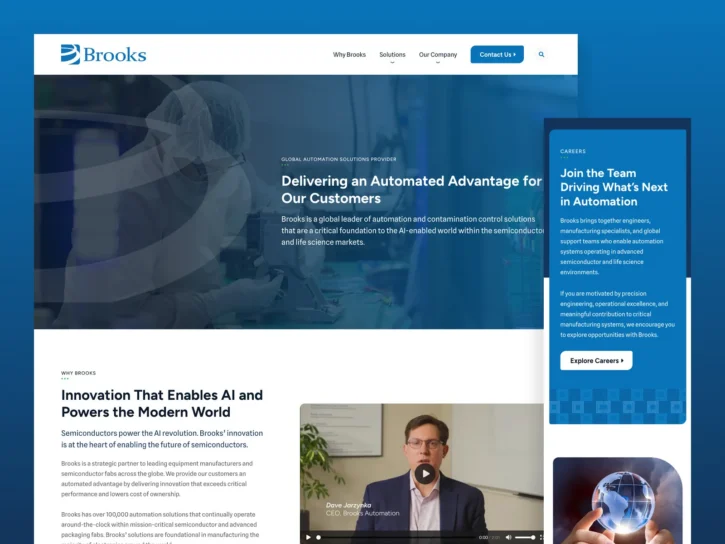 Screenshot of Brooks company website showing sections on automation solutions, a featured article about AI innovation, a video of a speaker, and a sidebar with a call to join the automation team.