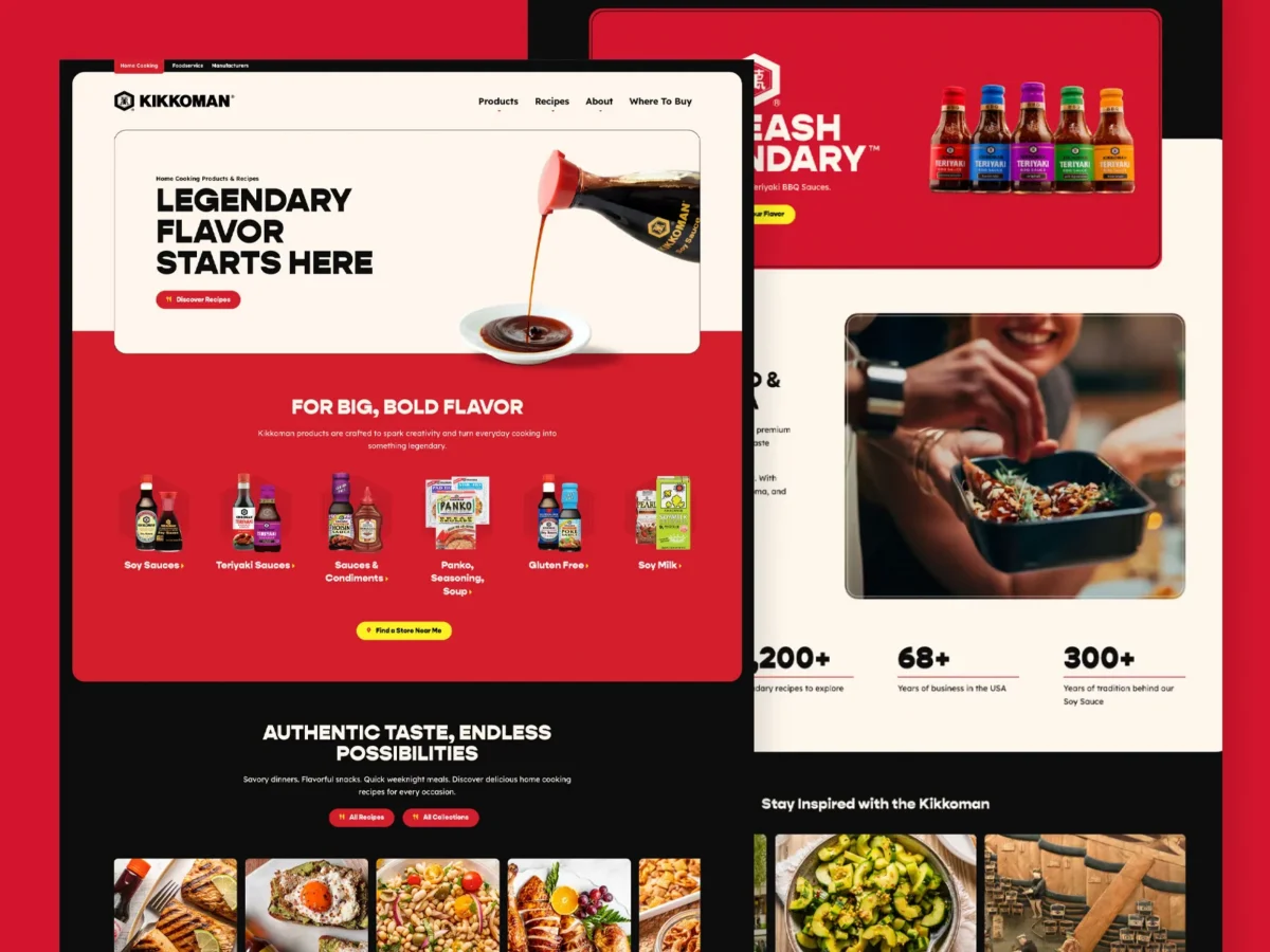Screenshot of Kikkoman’s website homepage featuring soy sauce being poured, product images, and sections highlighting flavors, recipes, and food pairings on a red and white background.