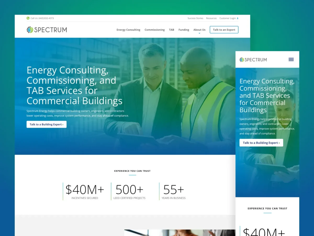 Screenshot of a corporate website for Spectrum offering energy consulting services, showing two men discussing documents and metrics on incentives, projects, and years of expertise.
