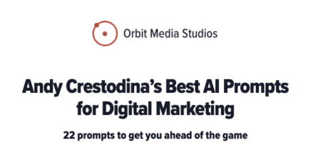 Screenshot of a webpage titled "Andy Crestodina’s Best AI Prompts for Digital Marketing" by Orbit Media Studios, offering 22 prompts for digital marketing.